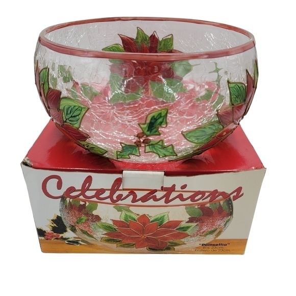 Celebration Pointsettia Mouthblown, Hand Painted, Cracked Glass 9" Salad Bowl - Picture 1 of 13